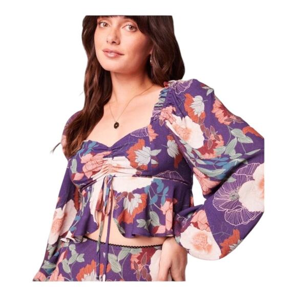 Band of the Free NWT Floriane Purple Floral Print Balloon Sleeve Crop Top Large - Picture 16 of 16